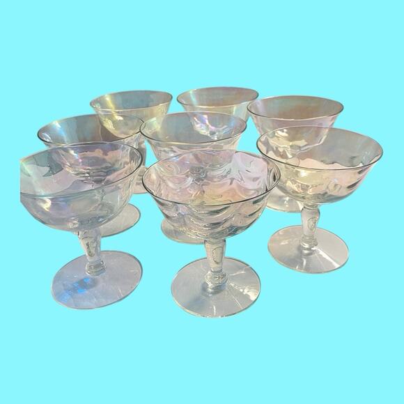 8 Fostoria Crystal Pearl Shell Iridescent Champagne Sherbert Glasses Loop Optics - Picture 9 of 16